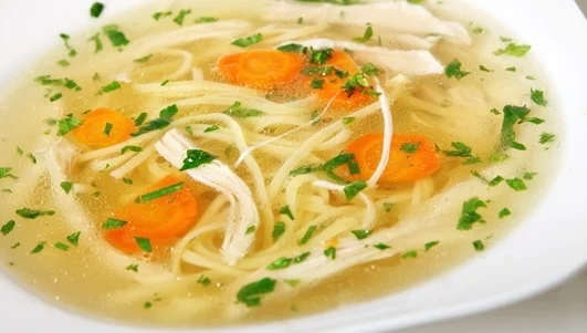 Sopa de pollo con fideos