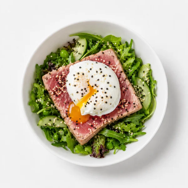 Ensalada verde con atún y huevo pochado